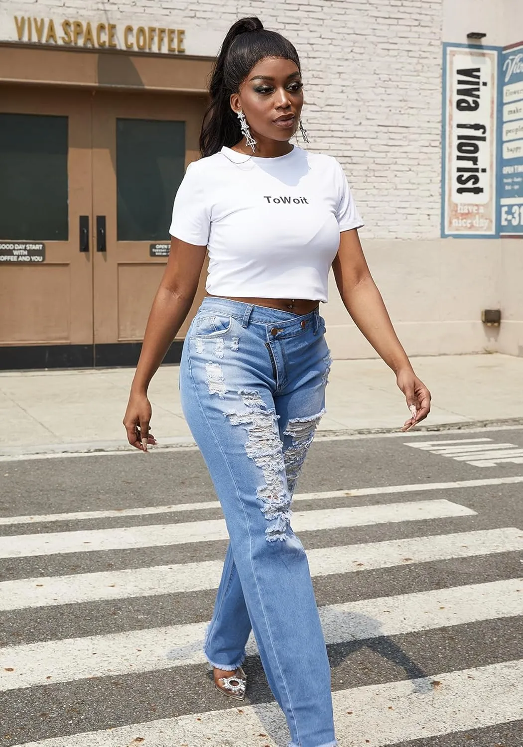 Tbahhir Ripped Jean for Women Fashion Jeans High Waist Stretch Jeans Denim Long Pants with Pockets
