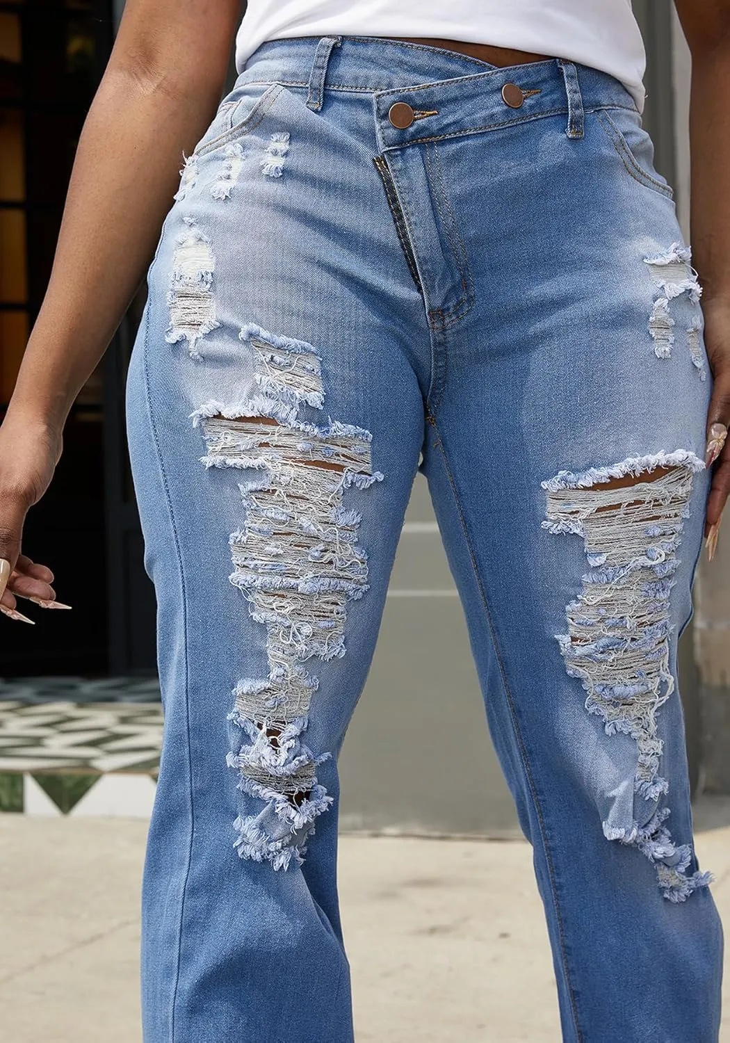 Tbahhir Ripped Jean for Women Fashion Jeans High Waist Stretch Jeans Denim Long Pants with Pockets