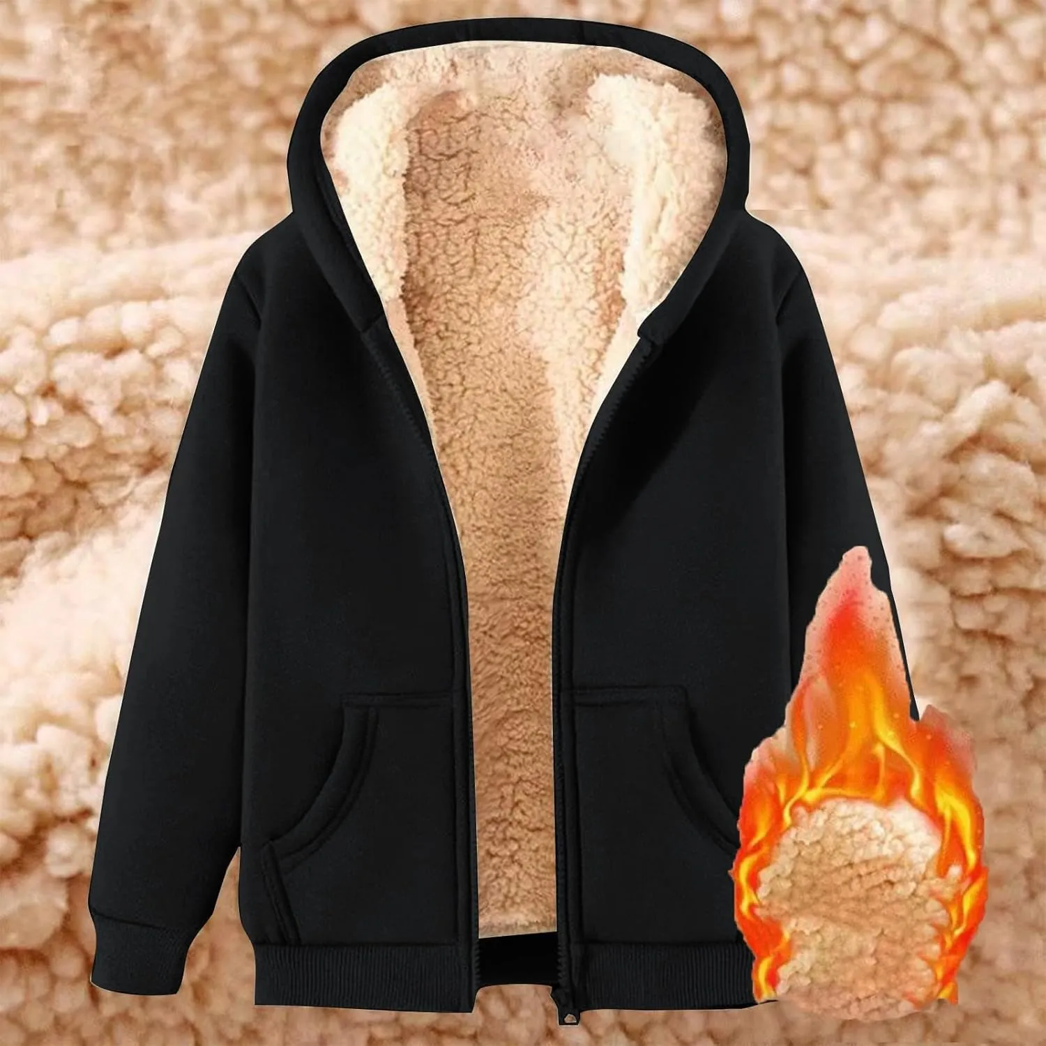 Thatrich Winter Fleece Jacket Men Sherpa Lined Coats Oversized Hooded Jackets Full Zip Casual Outwears Warm Winter Loose Coat
