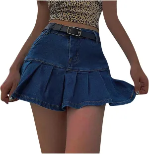 tuduoms Women Denim Pleated Skirts High Waist Slim A Line Ruffle Trumpet Mini Skirts Sweet Sexy Fashion Short Skirts Girls