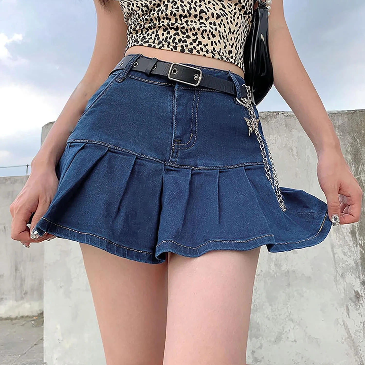 tuduoms Women Denim Pleated Skirts High Waist Slim A Line Ruffle Trumpet Mini Skirts Sweet Sexy Fashion Short Skirts Girls