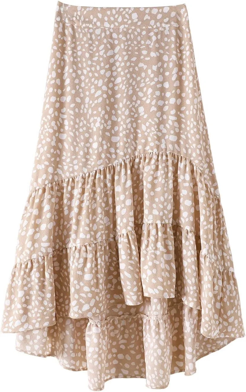 tuduoms Women's Boho Maxi Skirt with Tiered Ruffle Hem - Summer Cute High Waist Floral Print Swing Skirts Flowy Beach Skirt