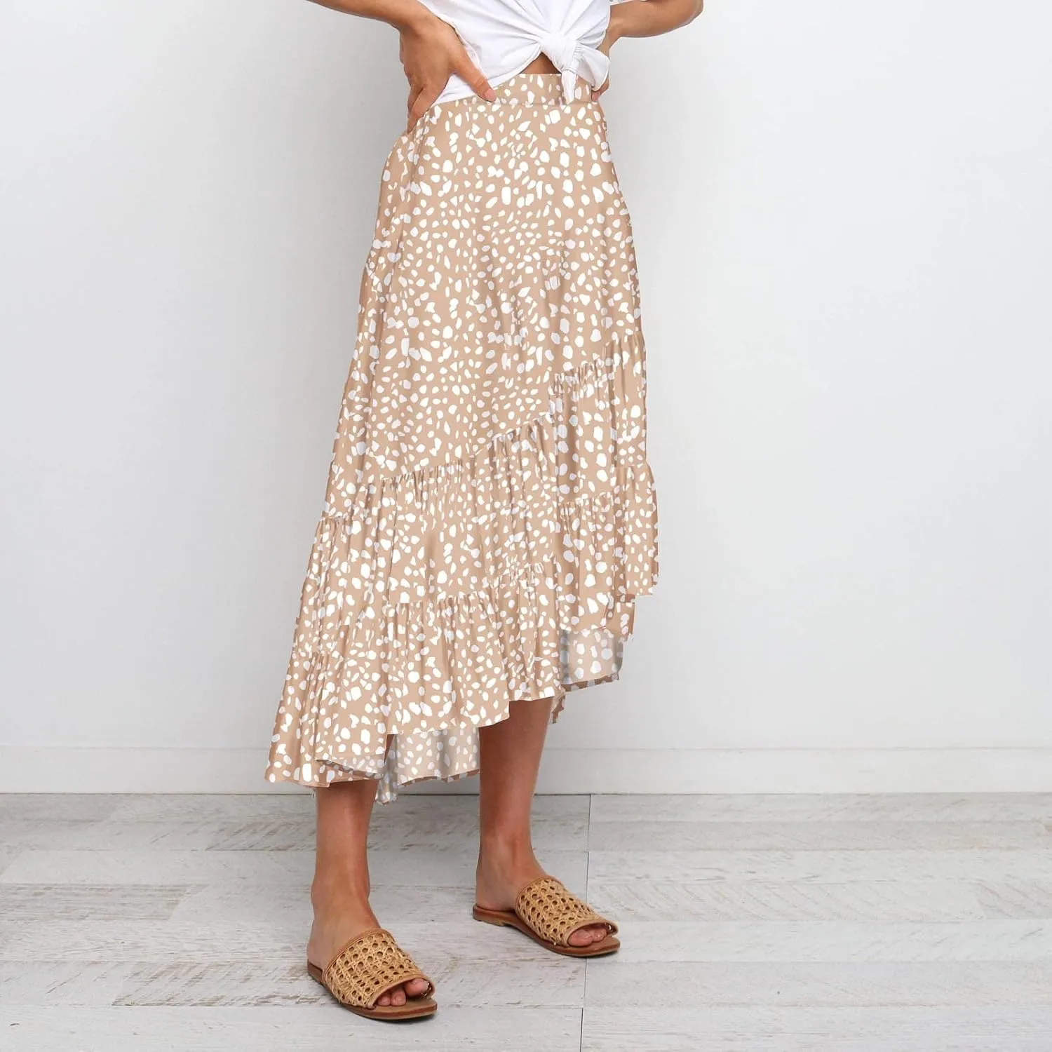 tuduoms Women's Boho Maxi Skirt with Tiered Ruffle Hem - Summer Cute High Waist Floral Print Swing Skirts Flowy Beach Skirt