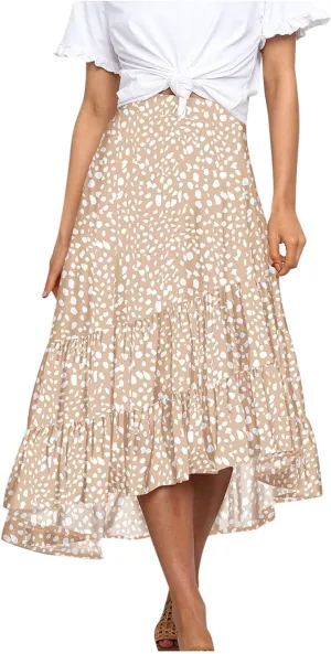 tuduoms Women's Boho Maxi Skirt with Tiered Ruffle Hem - Summer Cute High Waist Floral Print Swing Skirts Flowy Beach Skirt