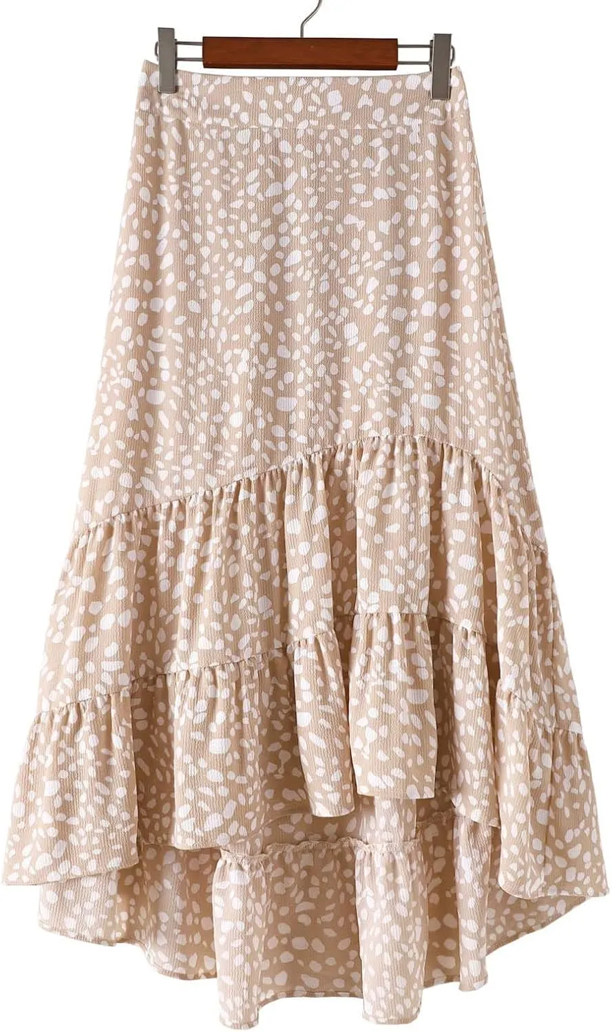 tuduoms Women's Boho Maxi Skirt with Tiered Ruffle Hem - Summer Cute High Waist Floral Print Swing Skirts Flowy Beach Skirt