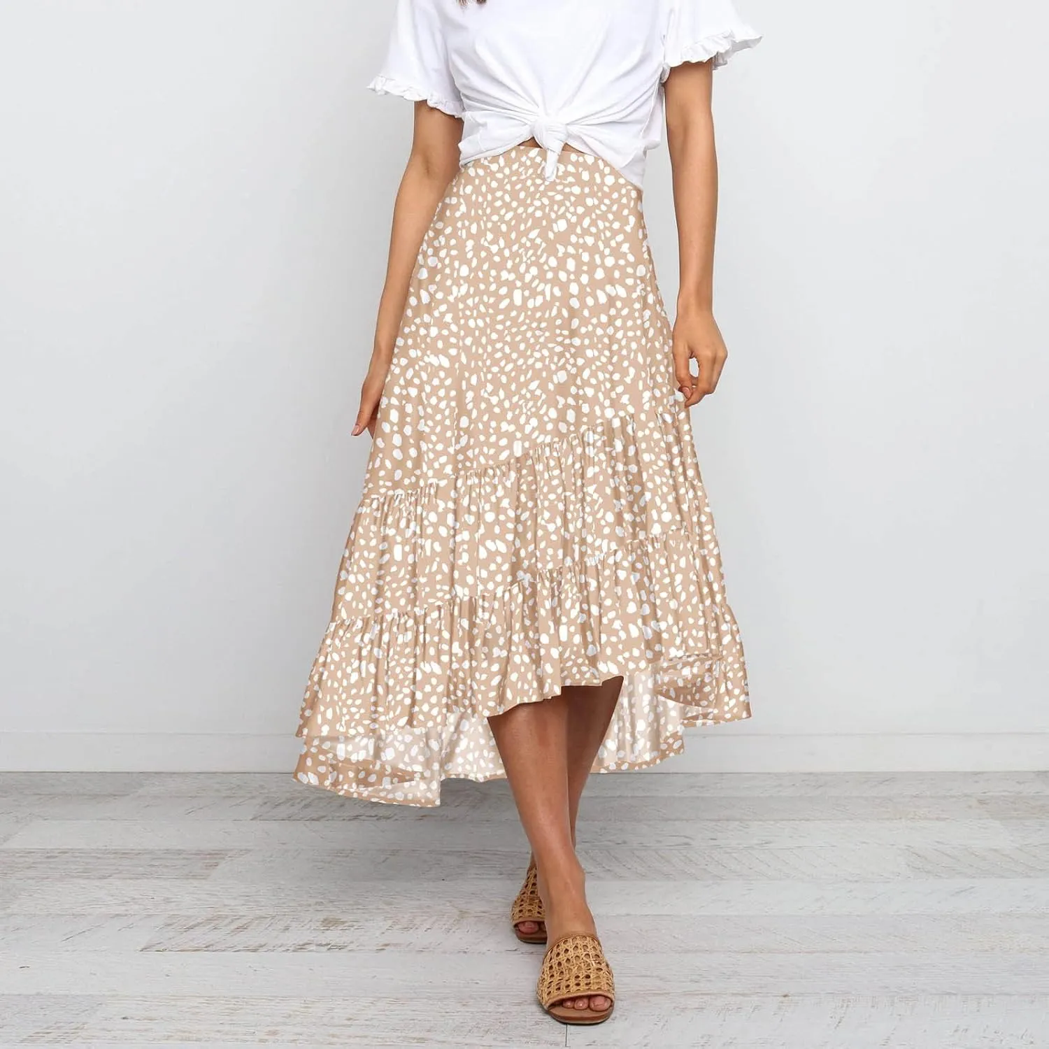 tuduoms Women's Boho Maxi Skirt with Tiered Ruffle Hem - Summer Cute High Waist Floral Print Swing Skirts Flowy Beach Skirt