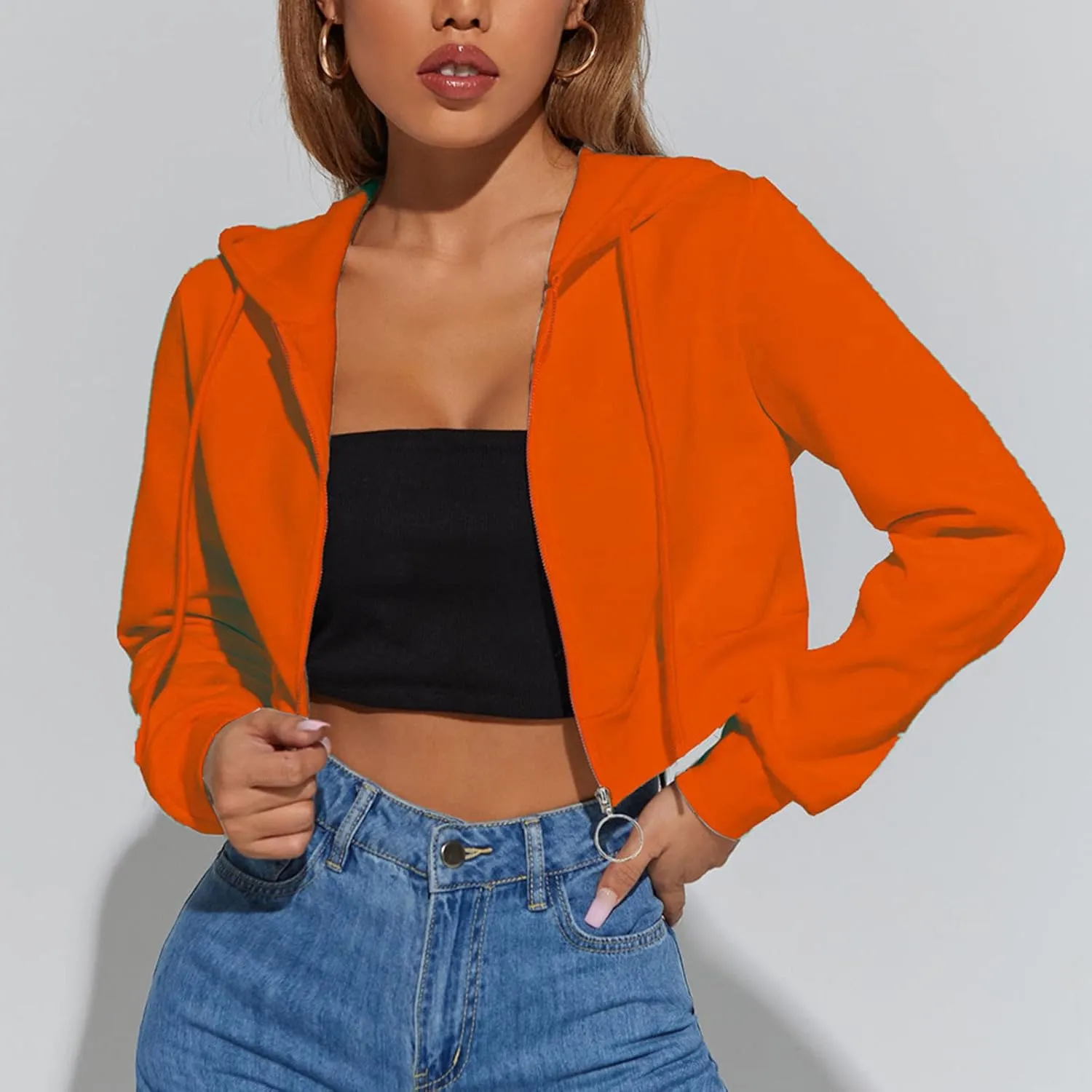 TUNUSKAT Womens Sexy Cropped Hoodies Zip Up Fleece Lined Fall Winter Jacket Short Hooded Sweatshirt Cardigan Girls Y2k Tops