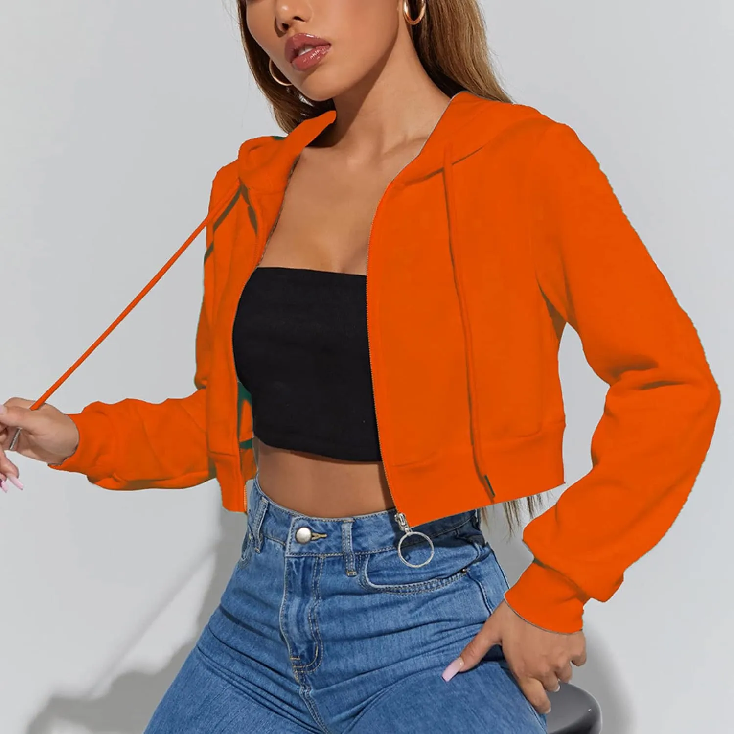 TUNUSKAT Womens Sexy Cropped Hoodies Zip Up Fleece Lined Fall Winter Jacket Short Hooded Sweatshirt Cardigan Girls Y2k Tops