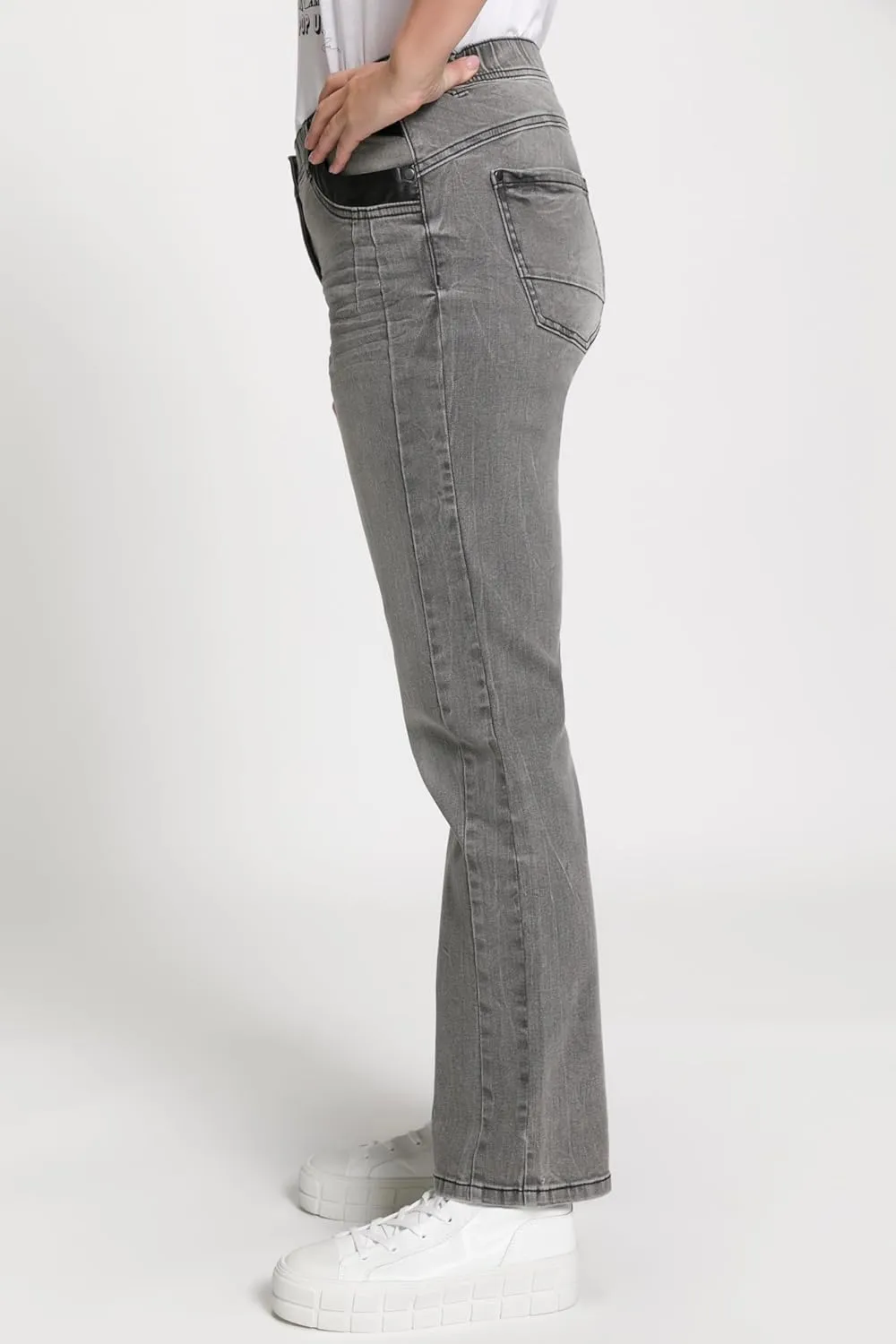 Ulla Popken Womenswear Plus Size Curvy Faux Leather Accent Slim Leg Sammy Fit Stretch Jeans 807311
