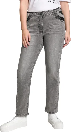 Ulla Popken Womenswear Plus Size Curvy Faux Leather Accent Slim Leg Sammy Fit Stretch Jeans 807311