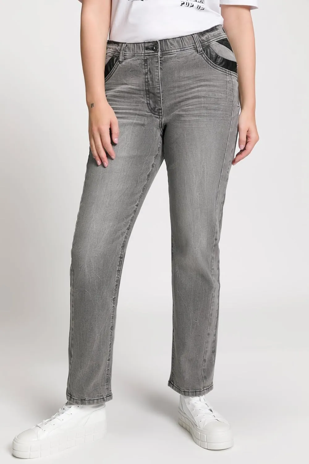 Ulla Popken Womenswear Plus Size Curvy Faux Leather Accent Slim Leg Sammy Fit Stretch Jeans 807311