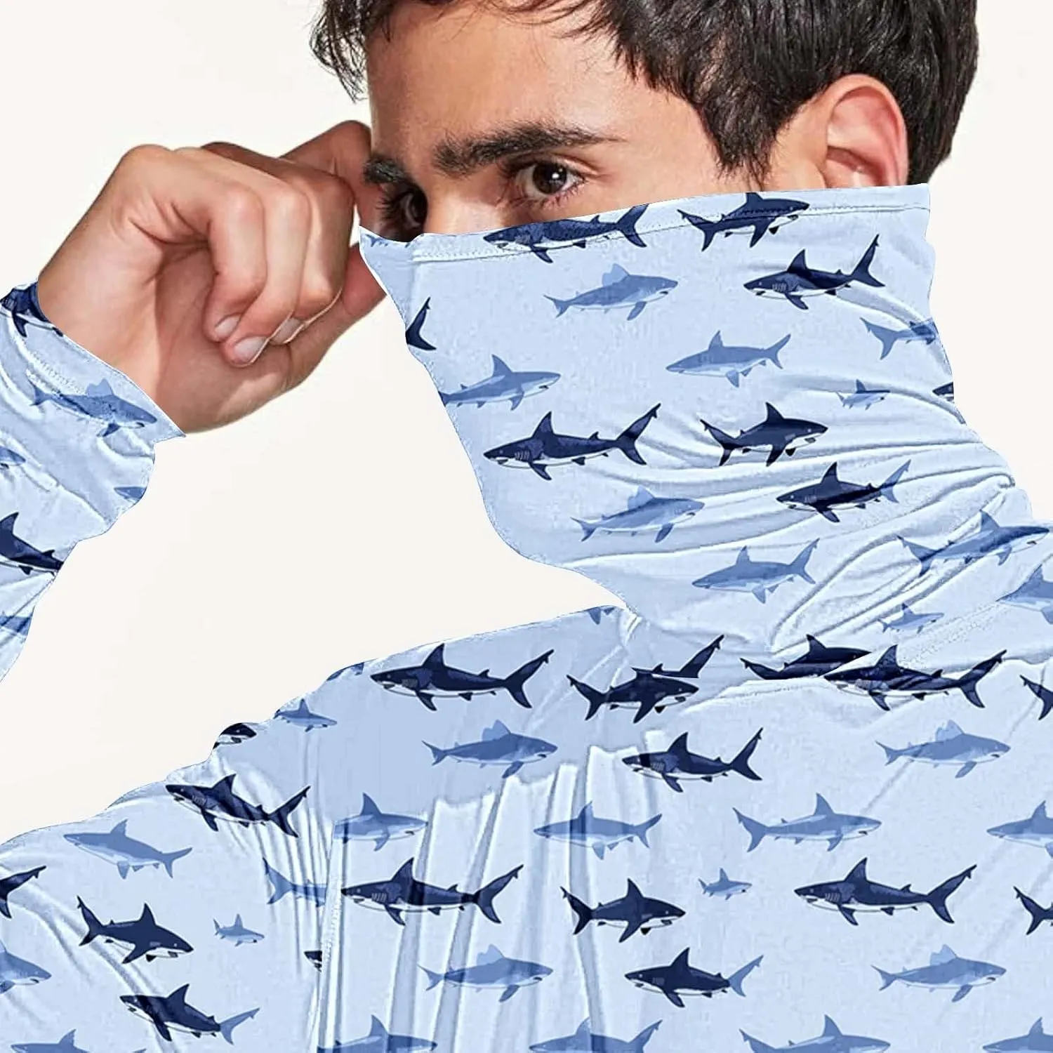 UPF 50  Fishing Shirts for Men Printed Lightweight Breathable Long Sleeve Sun Protection Rash Guard with Face Mask