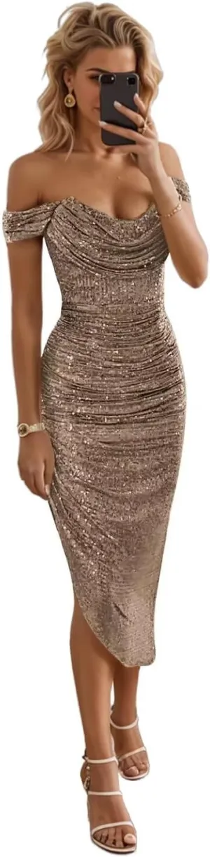 UZN Midi Sequin Prom Dresses Off Shoulder for Women 2024 Sparkly Tight Short Homecoming Dress