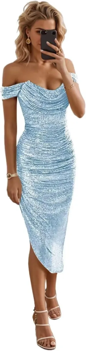 UZN Midi Sequin Prom Dresses Off Shoulder for Women 2024 Sparkly Tight Short Homecoming Dress