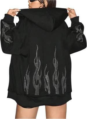 Verdusa Women's Plus Size Rhinestone Zip Up Hooded Sweatshirt Long Sleeve Oversized Hoodies