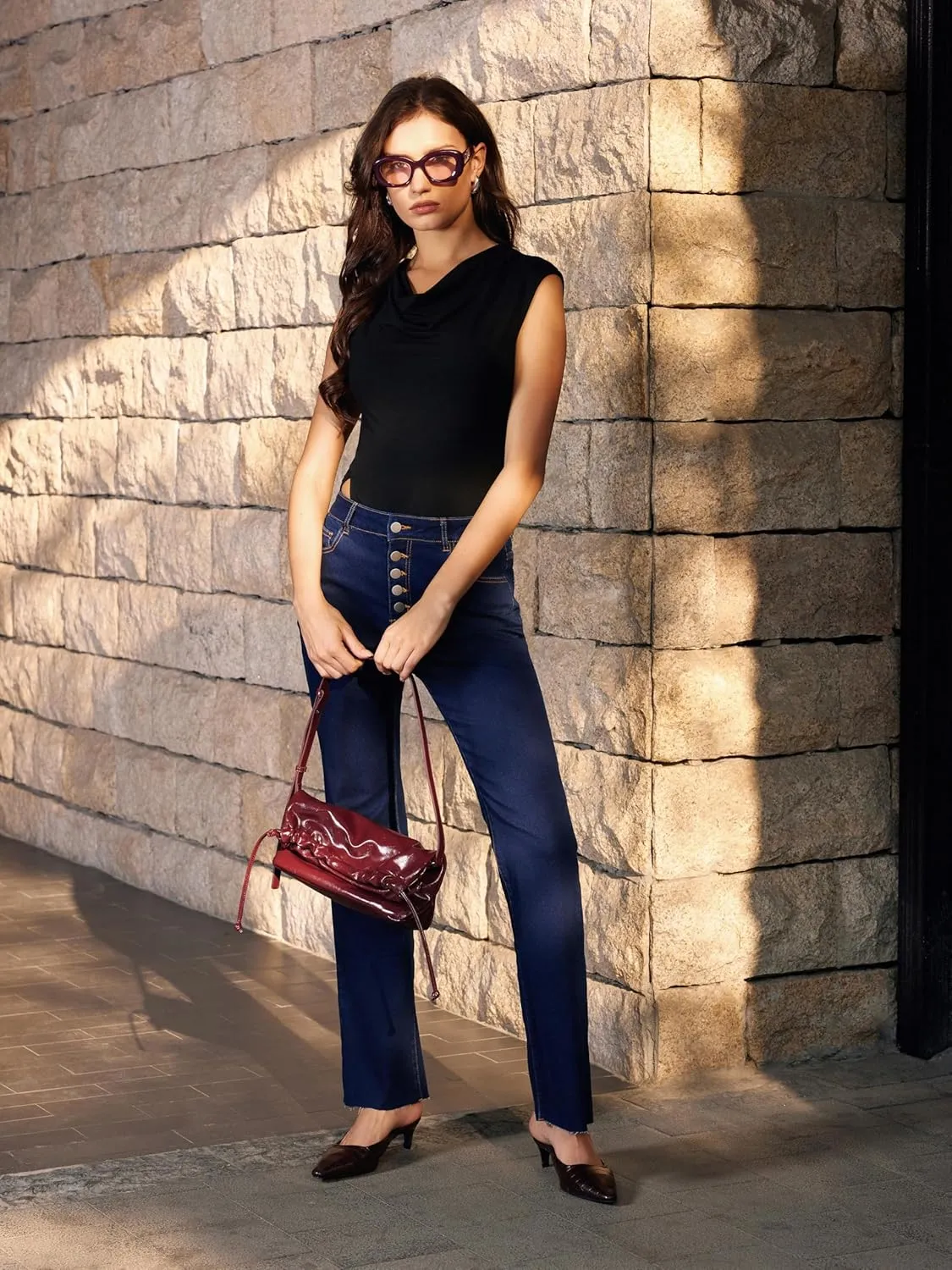 Vinova Flare Jeans for Women Button Down Bell Bottom Stetchy High Waisted Bootcut Denim Pants with Pockets