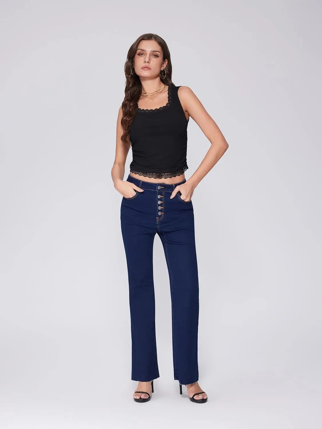 Vinova Flare Jeans for Women Button Down Bell Bottom Stetchy High Waisted Bootcut Denim Pants with Pockets