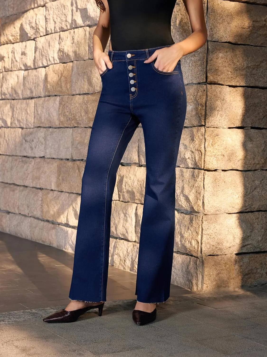 Vinova Flare Jeans for Women Button Down Bell Bottom Stetchy High Waisted Bootcut Denim Pants with Pockets
