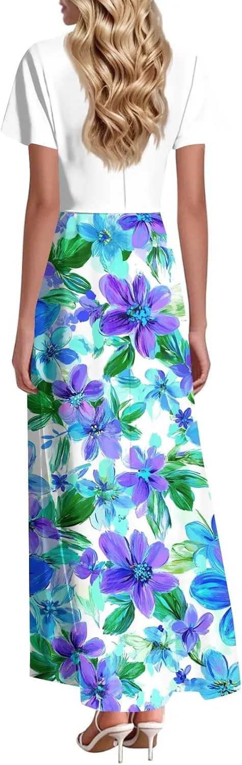 Wedding Guest Dresses for Women,Flowy Spring Summer Dresses for Women 2025 Trendy Floral Maxi Dress Short Sleeve