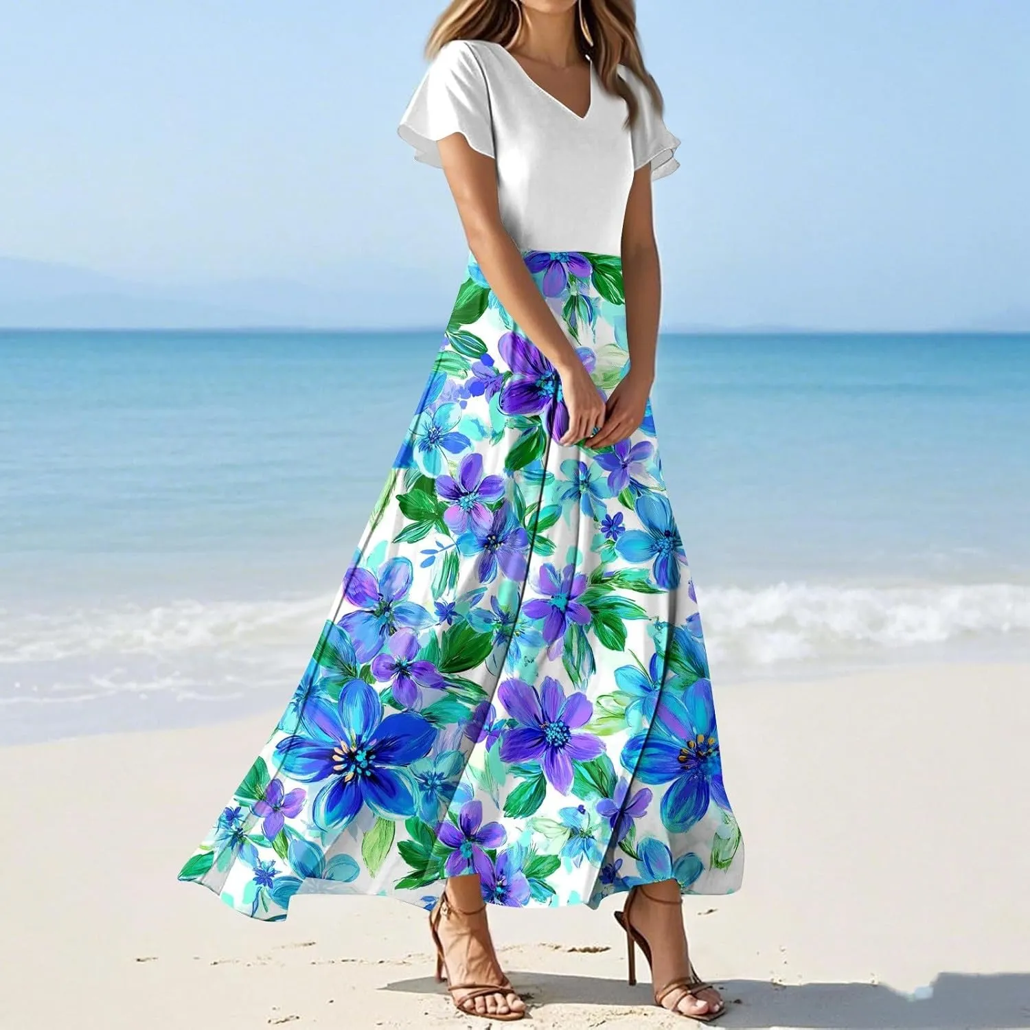 Wedding Guest Dresses for Women,Flowy Spring Summer Dresses for Women 2025 Trendy Floral Maxi Dress Short Sleeve