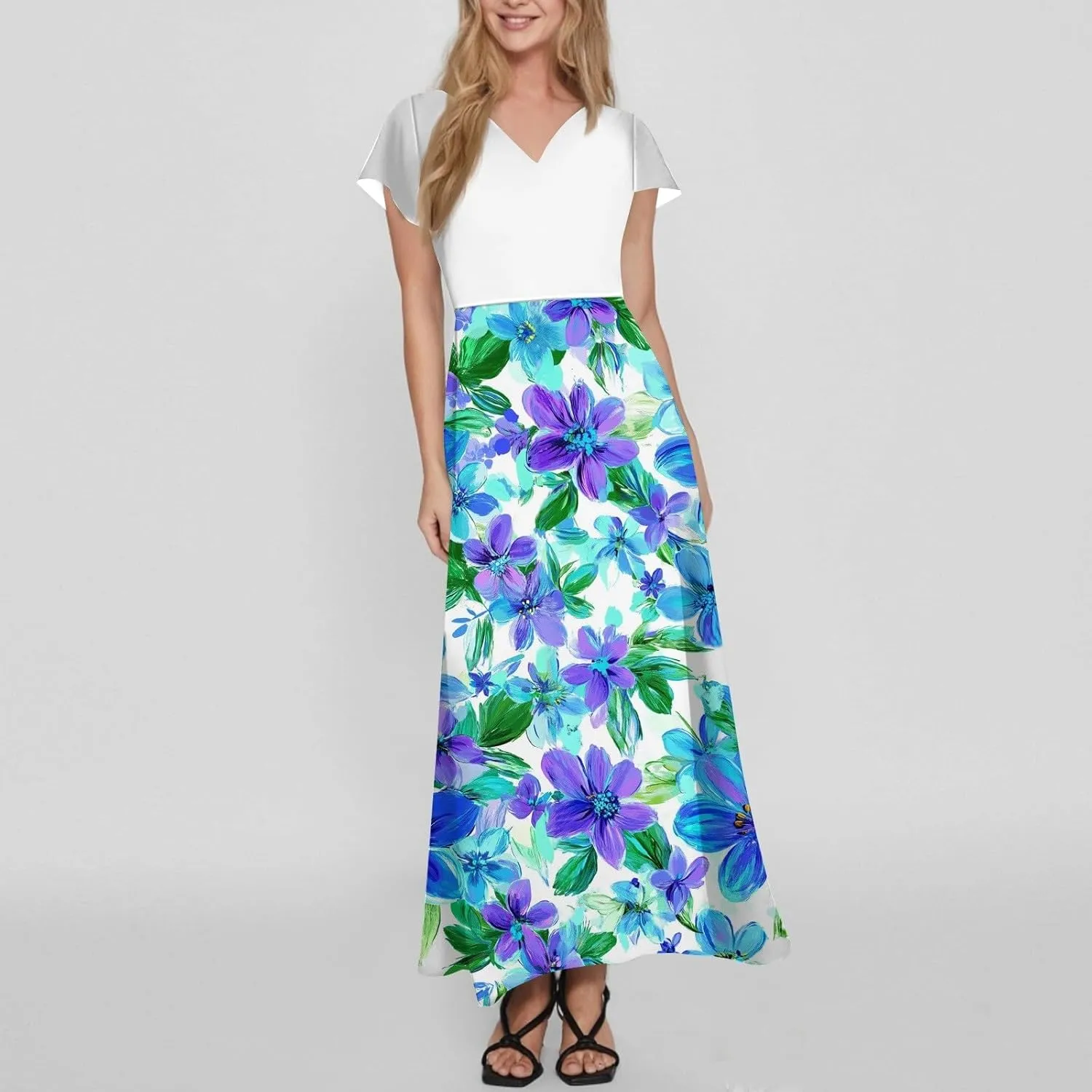 Wedding Guest Dresses for Women,Flowy Spring Summer Dresses for Women 2025 Trendy Floral Maxi Dress Short Sleeve