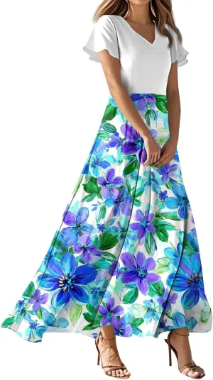 Wedding Guest Dresses for Women,Flowy Spring Summer Dresses for Women 2025 Trendy Floral Maxi Dress Short Sleeve