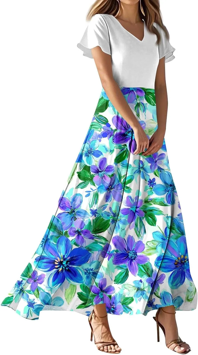 Wedding Guest Dresses for Women,Flowy Spring Summer Dresses for Women 2025 Trendy Floral Maxi Dress Short Sleeve
