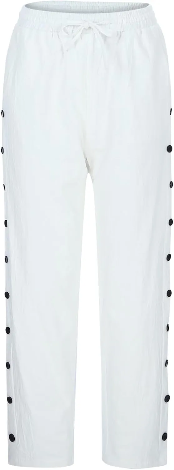 Wide Leg Cropped Cotton Linen Palazzo Pants for Women Summer Elastic Waist Crop Pants Casual Beach Trousers Pockets