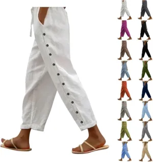Wide Leg Cropped Cotton Linen Palazzo Pants for Women Summer Elastic Waist Crop Pants Casual Beach Trousers Pockets