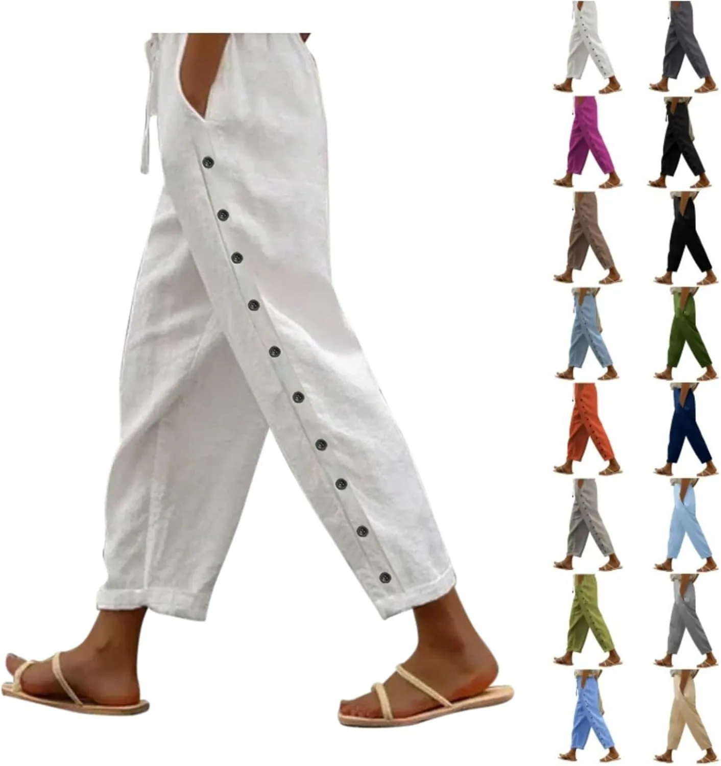 Wide Leg Cropped Cotton Linen Palazzo Pants for Women Summer Elastic Waist Crop Pants Casual Beach Trousers Pockets