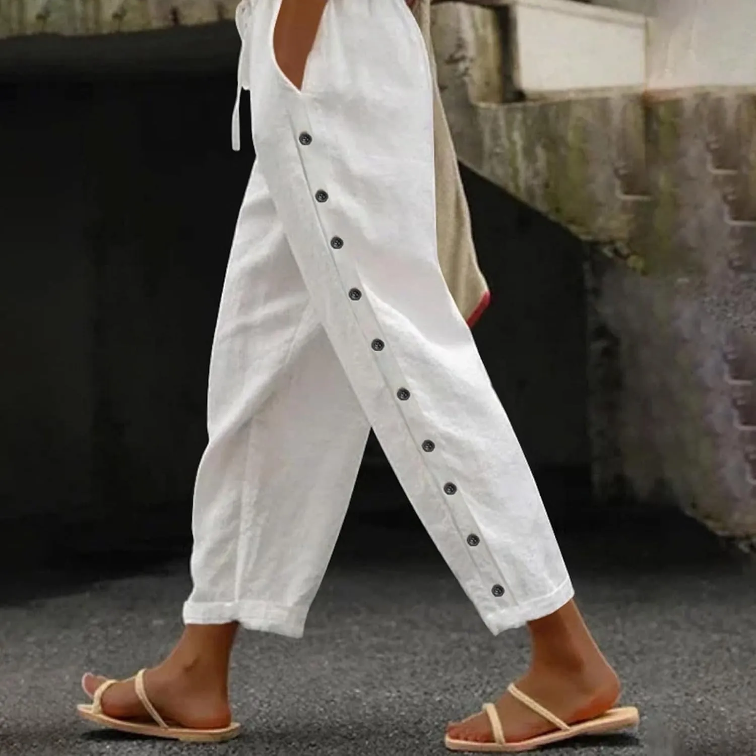 Wide Leg Cropped Cotton Linen Palazzo Pants for Women Summer Elastic Waist Crop Pants Casual Beach Trousers Pockets