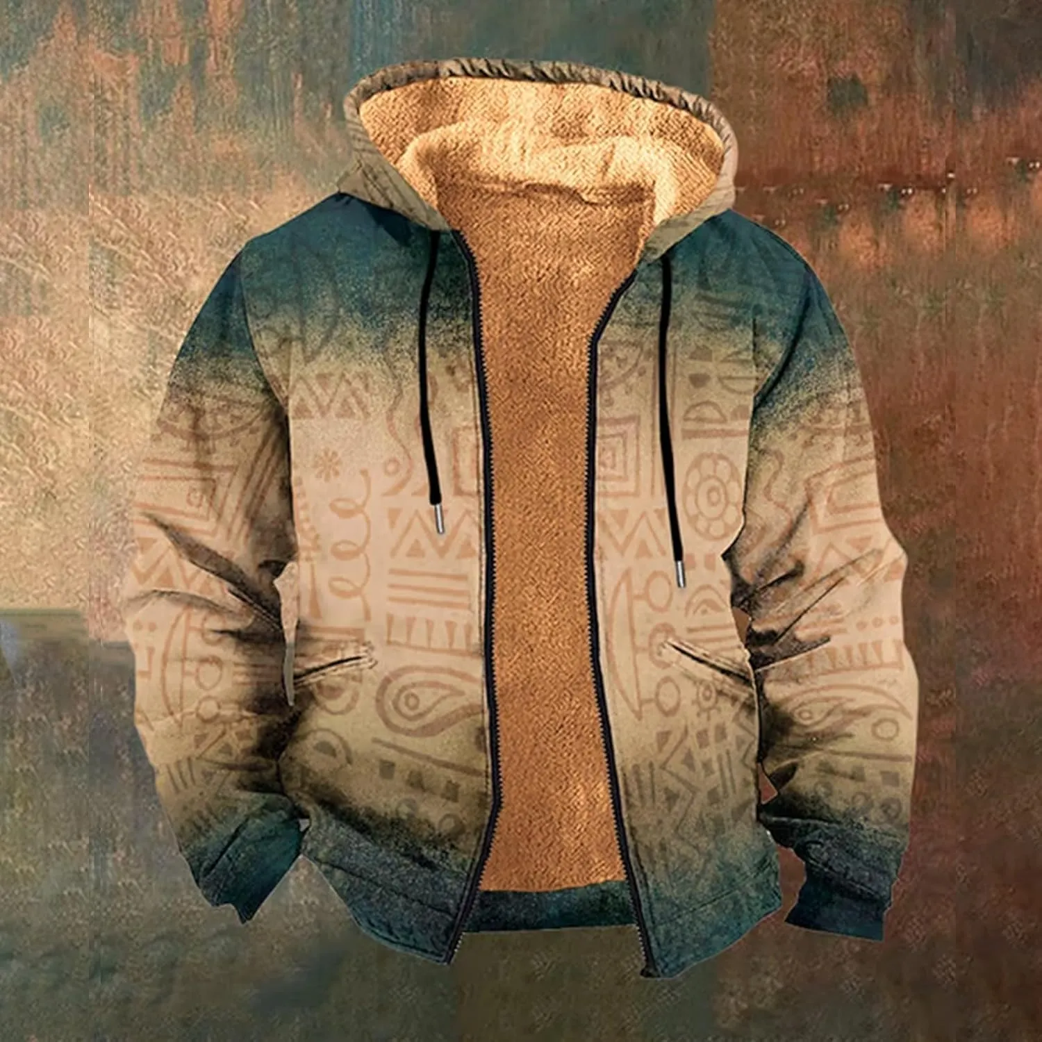 Winter Coat for Men Printed Tactical Cardigan Jacket Long Sleeve Warm Zipper Sweatshirt Padded Thickened Hooded Tops