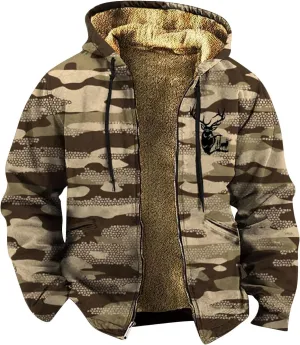 Winter Coat for Men Printed Tactical Cardigan Jacket Long Sleeve Warm Zipper Sweatshirt Padded Thickened Hooded Tops