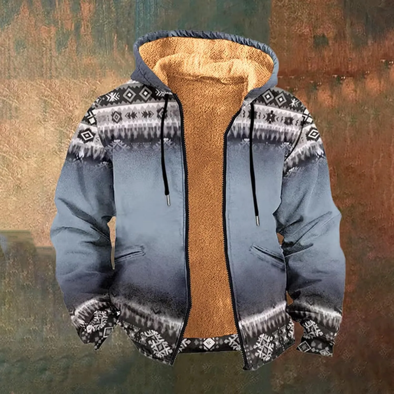 Winter Coat for Men Printed Tactical Cardigan Jacket Long Sleeve Warm Zipper Sweatshirt Padded Thickened Hooded Tops