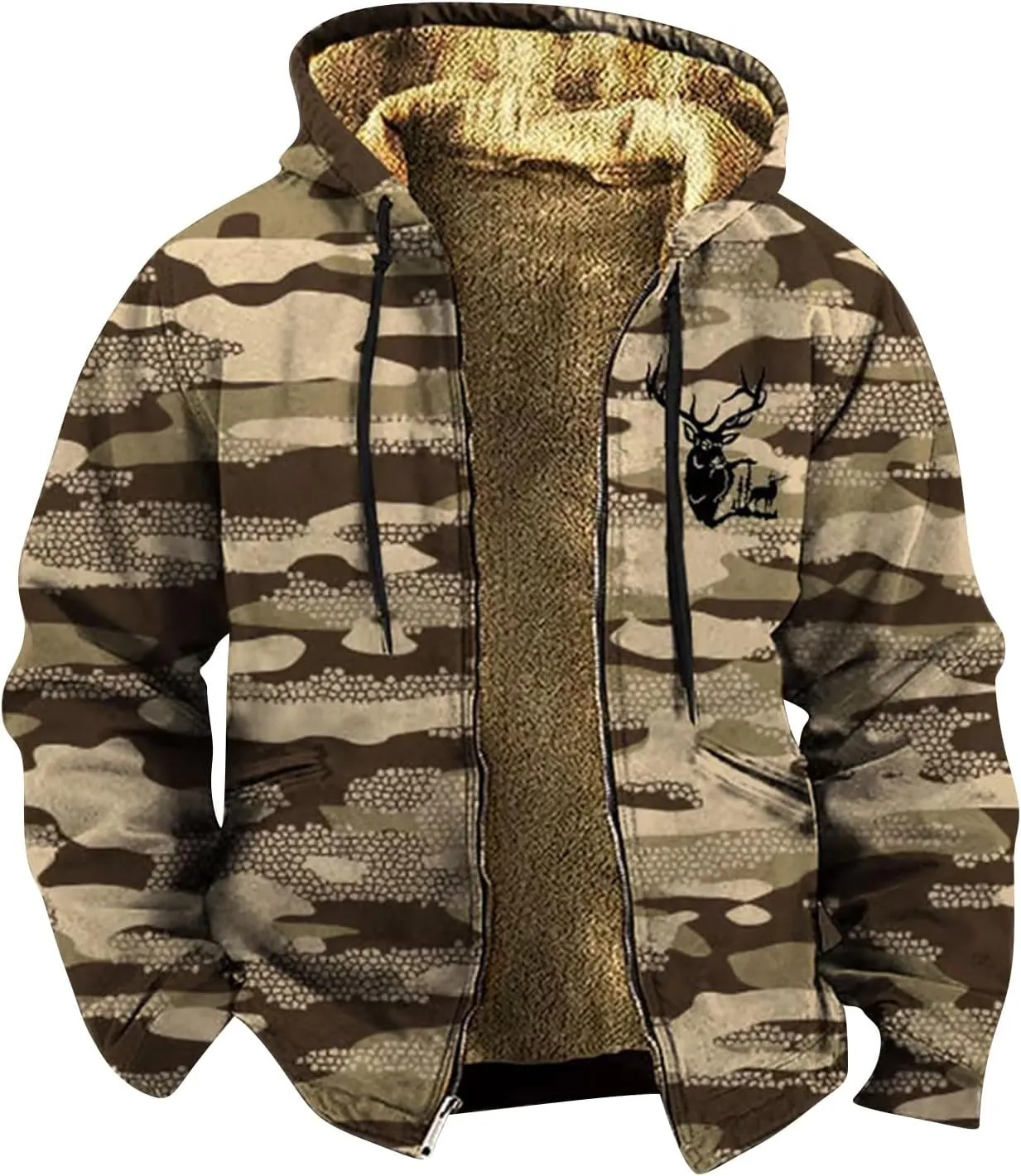 Winter Coat for Men Printed Tactical Cardigan Jacket Long Sleeve Warm Zipper Sweatshirt Padded Thickened Hooded Tops