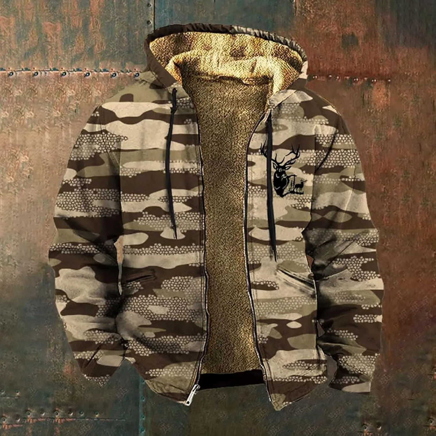 Winter Coat for Men Printed Tactical Cardigan Jacket Long Sleeve Warm Zipper Sweatshirt Padded Thickened Hooded Tops