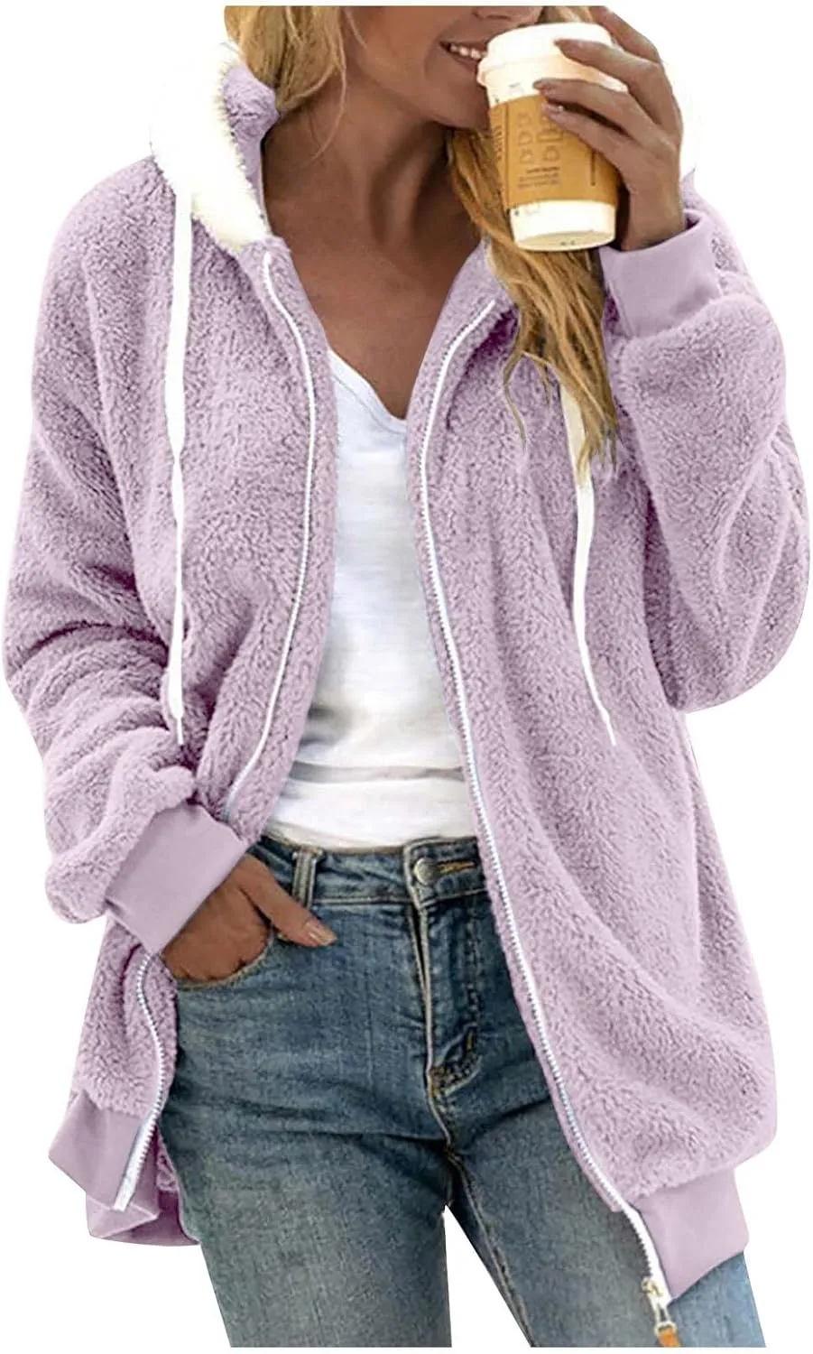 Winter Oversized Hoodies For Women With Pockets Fashion Sherpa Coats Zip Up Fleece Jackets Graphic Solid Cardigans