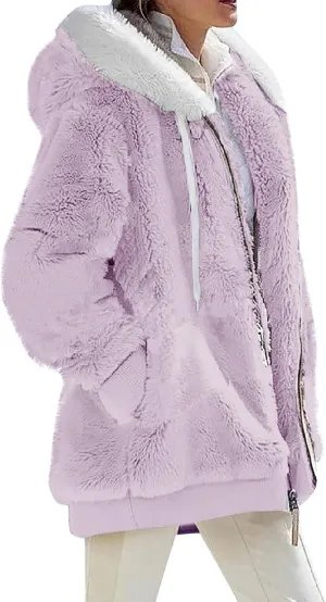 Winter Oversized Hoodies For Women With Pockets Fashion Sherpa Coats Zip Up Fleece Jackets Graphic Solid Cardigans