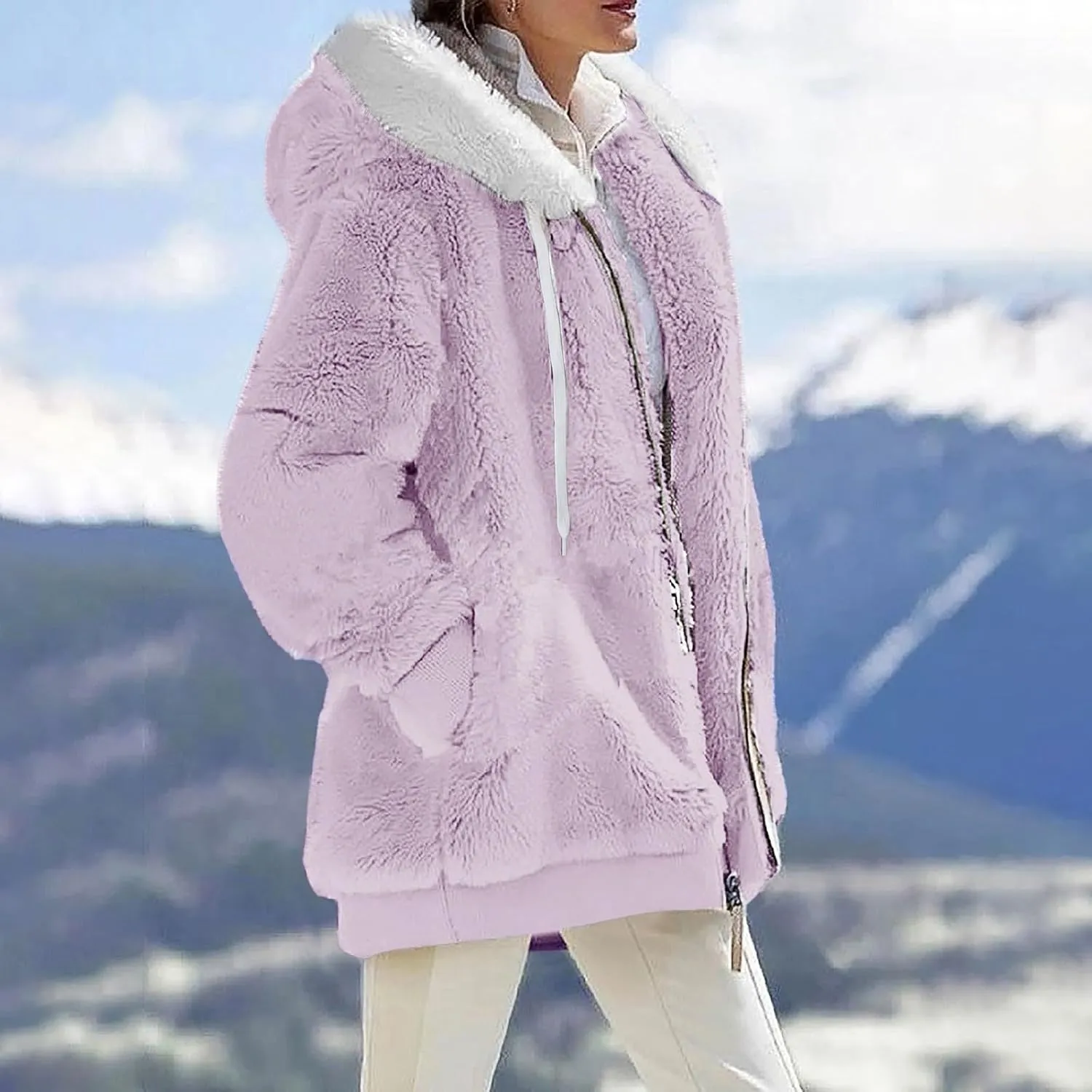 Winter Oversized Hoodies For Women With Pockets Fashion Sherpa Coats Zip Up Fleece Jackets Graphic Solid Cardigans