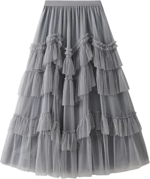 Wjnvfioo Female Fashion Gauze Cake Skirt for Women Mid-Calf A-Line Solid Color Skirts