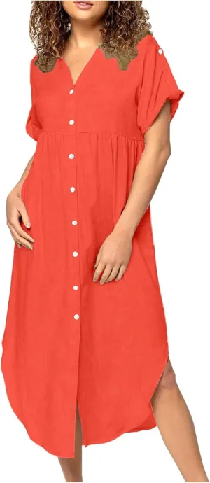 Women Button Front Maxi Shirt Dress Solid Short Sleeve V Neck Dresses Loose Fit Lightweight Sundress