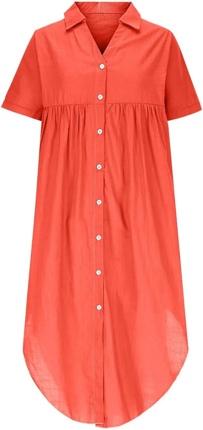 Women Button Front Maxi Shirt Dress Solid Short Sleeve V Neck Dresses Loose Fit Lightweight Sundress