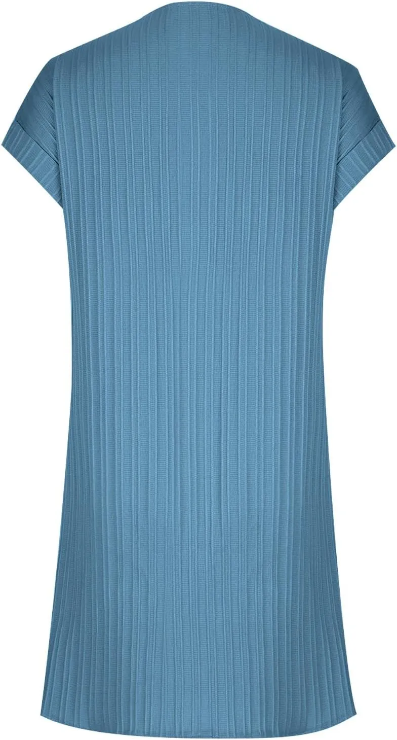 Women Casual Mini Dresses Rolled Short Sleeve V Neck Shift Dress Summer Elegant Textured Dresses Loose Tunic Dress