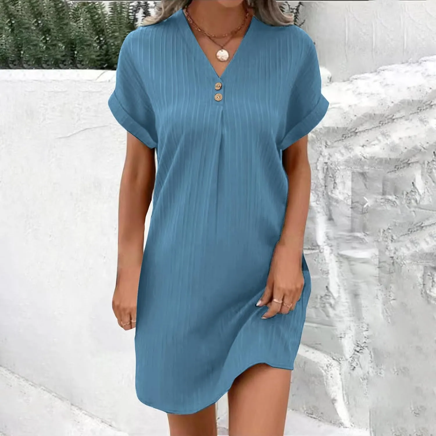 Women Casual Mini Dresses Rolled Short Sleeve V Neck Shift Dress Summer Elegant Textured Dresses Loose Tunic Dress