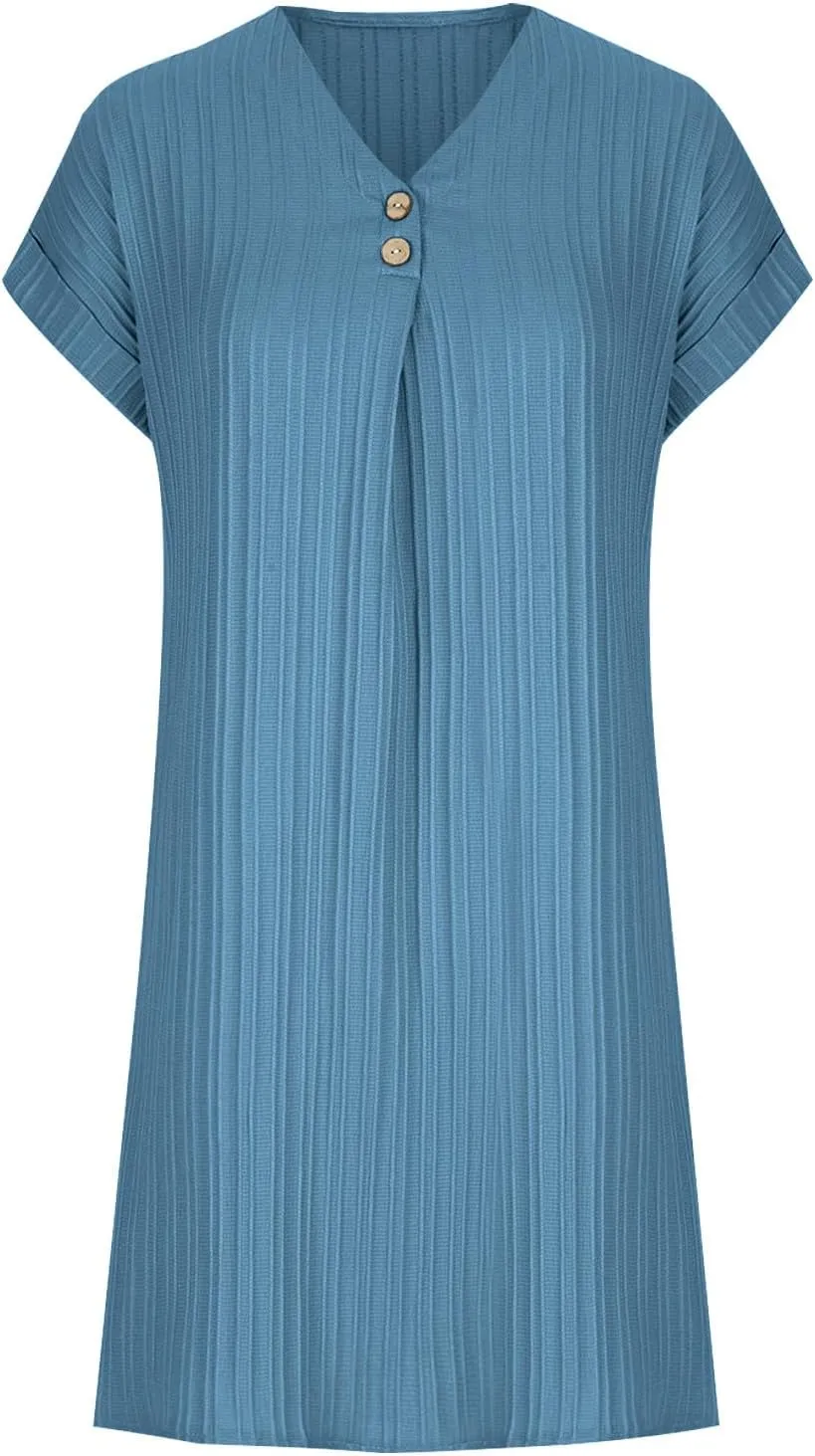 Women Casual Mini Dresses Rolled Short Sleeve V Neck Shift Dress Summer Elegant Textured Dresses Loose Tunic Dress