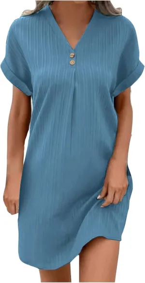 Women Casual Mini Dresses Rolled Short Sleeve V Neck Shift Dress Summer Elegant Textured Dresses Loose Tunic Dress