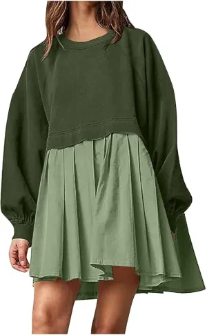 Women Casual Tunic Dress V Neck Tiered Dress Long Sleeve Fit Swing Shift Dress with Pockets Loose Ruffled Dresses