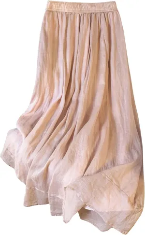 Women Cotton Linen Skirts Summer Trendy Elastic Waist Pleated Flowy A-Line Skirt Casual Solid Beach Vacation Skirts