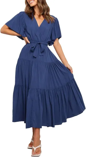 Women Dress Spring Ruffle Dress Short Sleeve V Neck A Line Dresses Empire Waist Wedding Dresses Summer with Belt