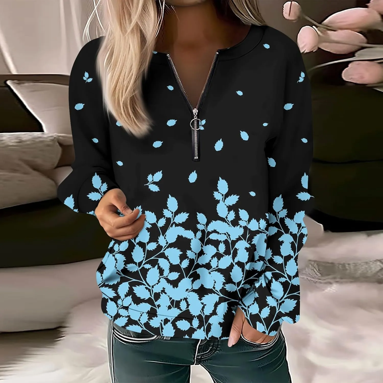 Women Floral Print Crew Neck Half Zip Long Sleeve Sweatshirt 2024 Casual Long Sleeve Tops Loose Fall Clothes